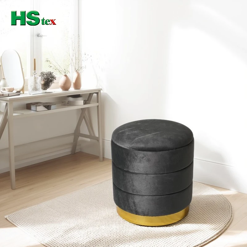HStex Velvet Round Seated Ottoman With Gold Stainless Steel Base Stool