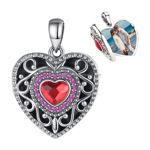 Wholesale 925 Sterling Silver Heart Necklace Photo Locket Pendant Personalized Memorial Jewelry Cubic Zirconia for Gift