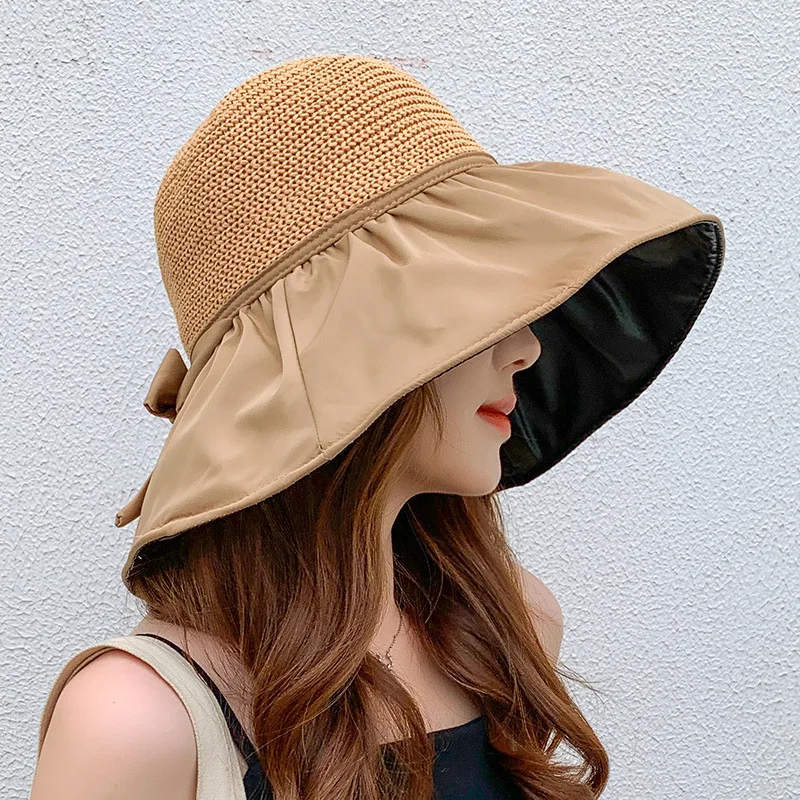 Woying Bow Sun Hat Women's Hollow Straw Hat Uv Protection Large Eaves