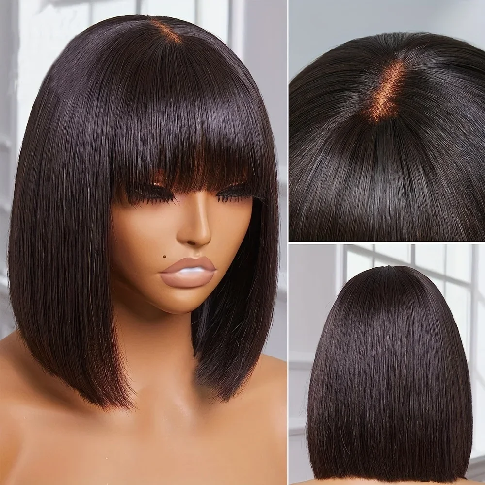 Brazilian Straight Bob Lace Wigs 100% Human Hair Bangs Fringe Middle Part Realistic Scalp_voghion.com