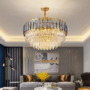 Gold Decorative Flush Mount Lamp Living Room Modern Luxury Smoke Grey K9 Crystal Chandeliers