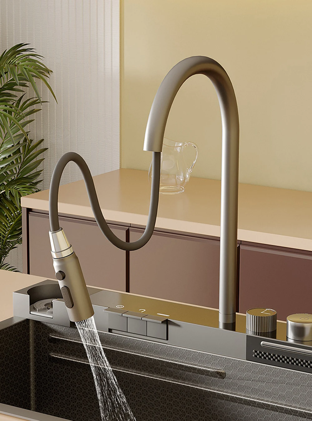 TOP1 Multifunction Stainless Steel Modern Pull Kitchen Sink Black Undermount Faucet Single Smart Waterfall Design for Modern