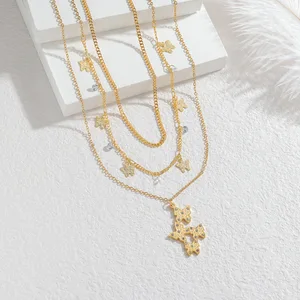 Layered Butterfly Necklace 18K Gold Plated Stainless Steel Zirconia Pendant Light Luxury Jewelry Gift for Women