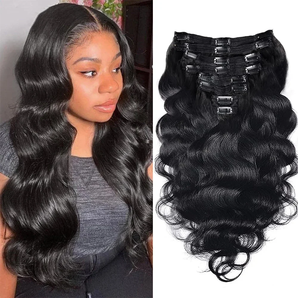 Echthaar Clip In Extensions Gewellt In Natürlichem Schwarz_voghion.com