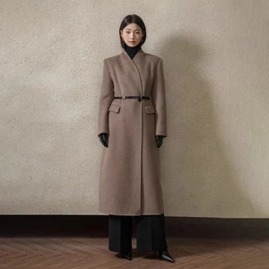 Autumn and Winter V-neck Waist Long 100% Wool Woolen Coat Single Button Shoulder Pad With Belt and Coat for Women