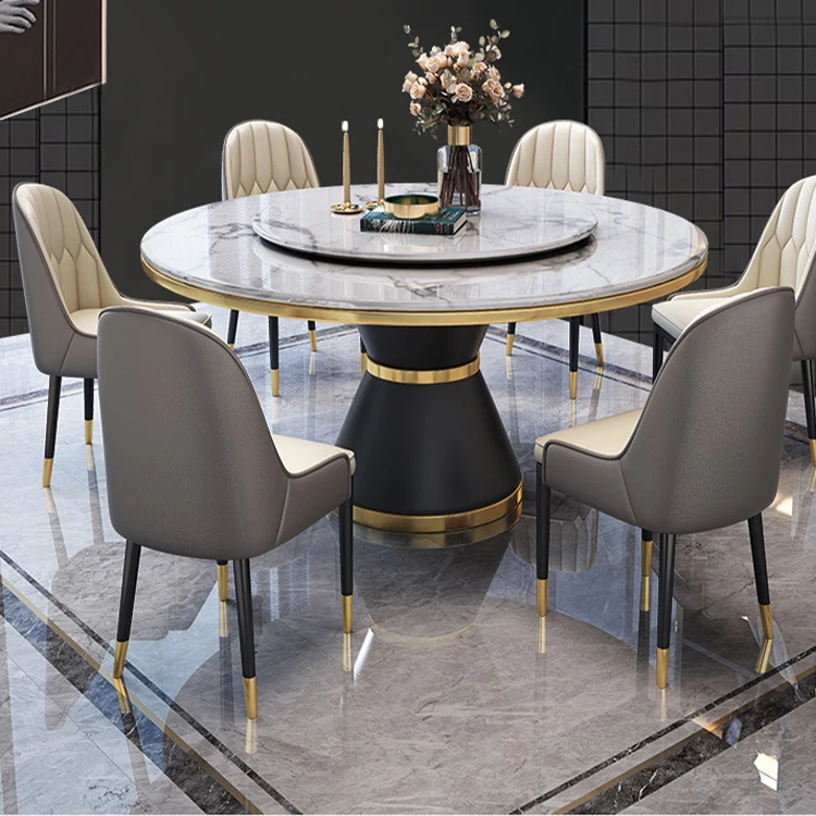 Wholesale Price Popular Metal Base Two Marble Top Rotating Dining Table Set  Round Dining Table with Rotating Centre