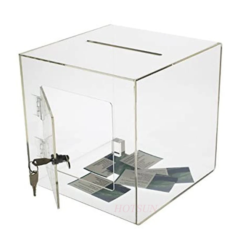 Free Design 8 Inches Piggy Bank Cube Box  Plastic Charity Box Clear Acrylic Donation Box with Lock