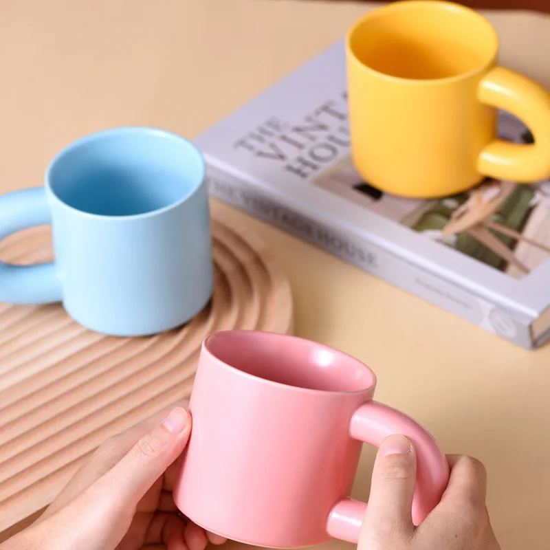 INS Style Macaron Candy Color Ceramic Coffee Mug Pangpang Fat Handle Mug Porcelain Milk Mug
