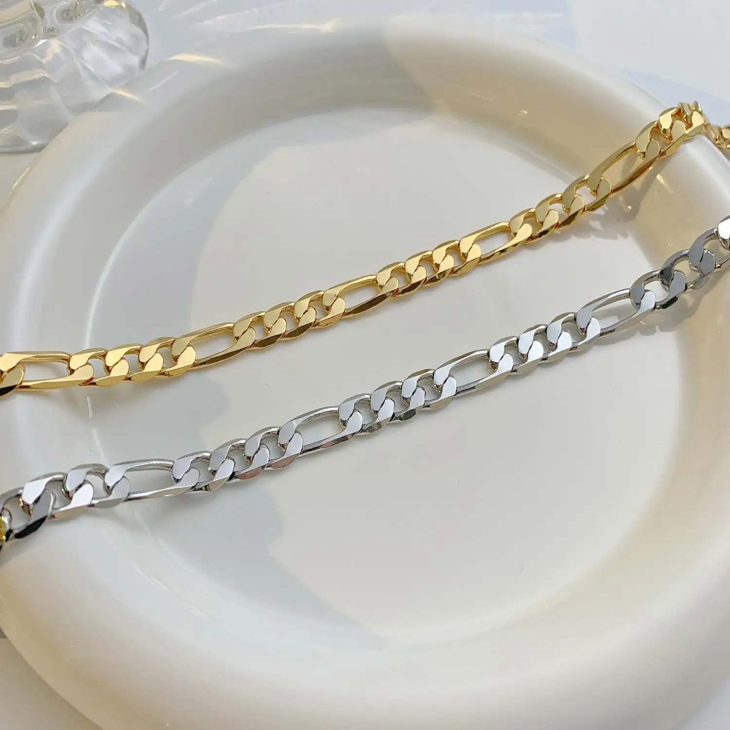 Brass 18K Gold Plated 8mm Figaro Necklace Women's Jewelry