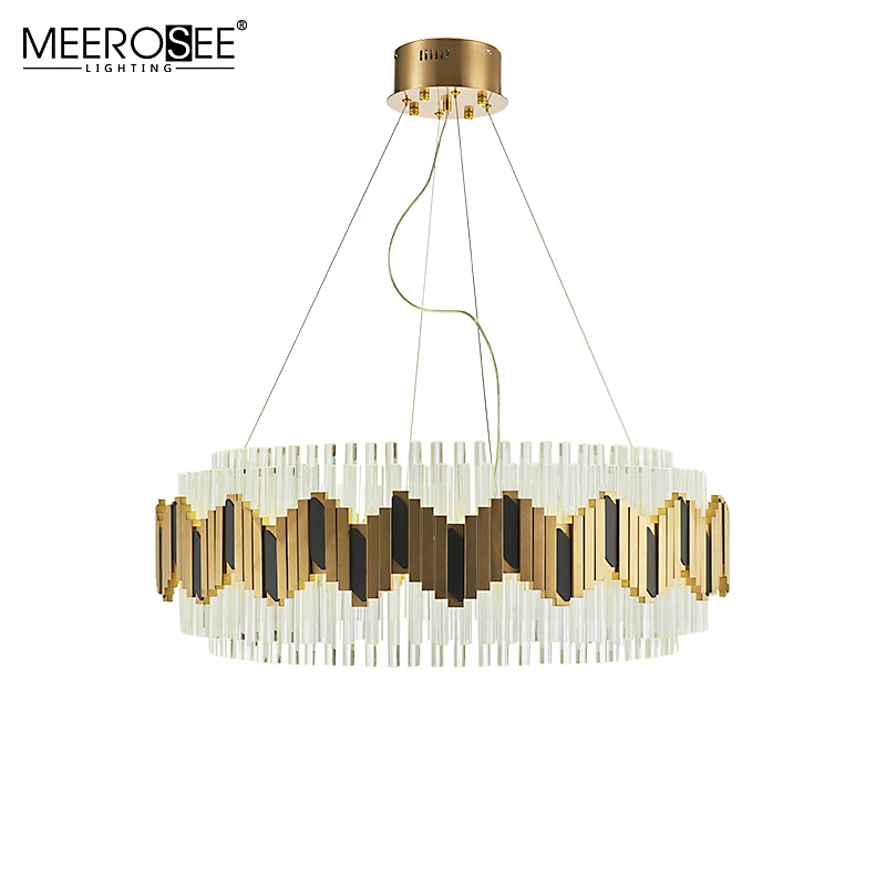 MEEROSEE Luxury Round Gold Crystal Pendant Light Modern Round Crystal Chandelier Lamp for Villa Hotel MD86720