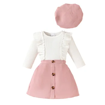 Toddler girls fashion long-sleeved ruffled top+solid color skirt + beret autumn and winter three-piece set delicate style baby