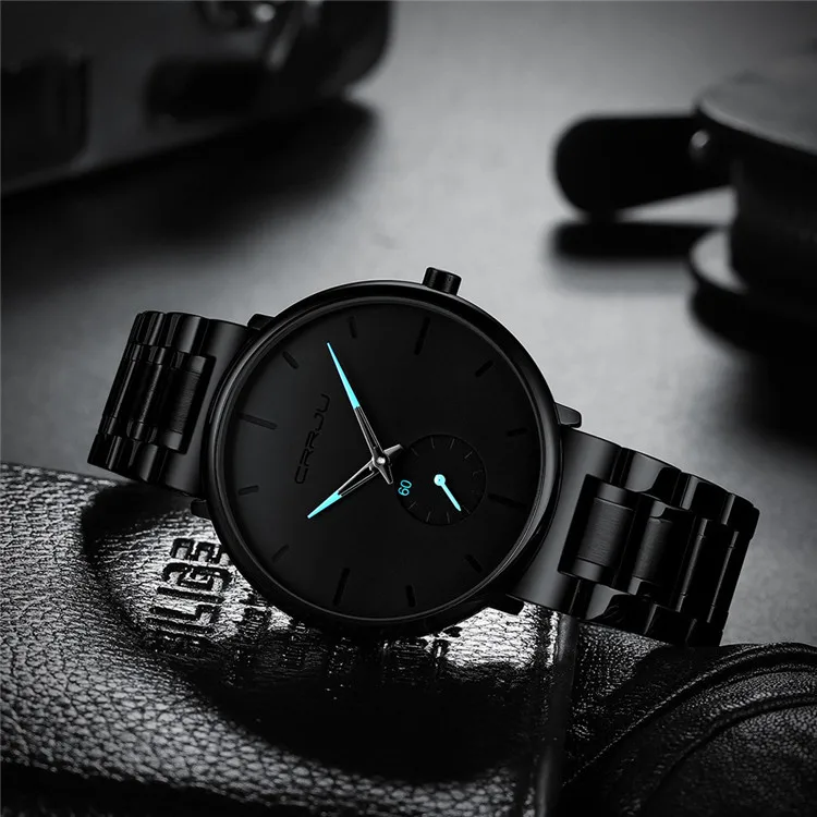 CRRJU-reloj de cuarzo negro para hombre, cronógrafo con correa de acero  inoxidable, resistente al agua, informal, para actividades al aire libre,  2150