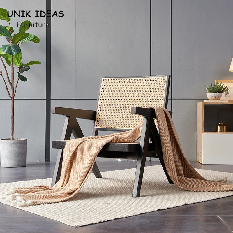 Nordic Modern Indoor Hotel Living Room Chair Wood Rattan With Armrest Leisure Sofa Lounge Chair
