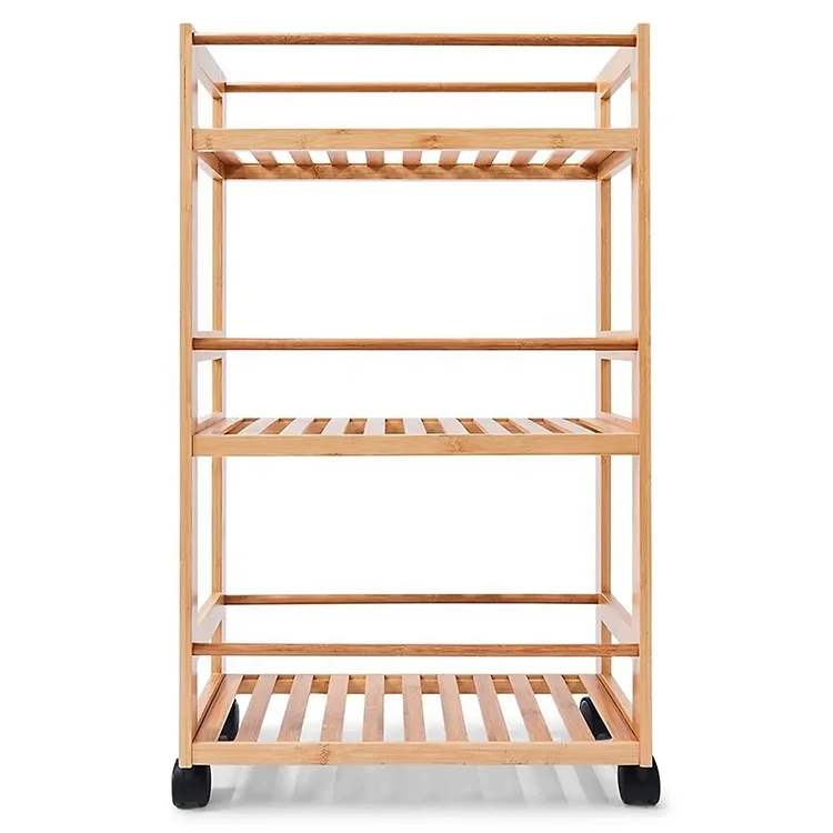 3 Layer Movable Corner Bamboo Bathroom Kitchen Storage Shelf Rack with Wheel