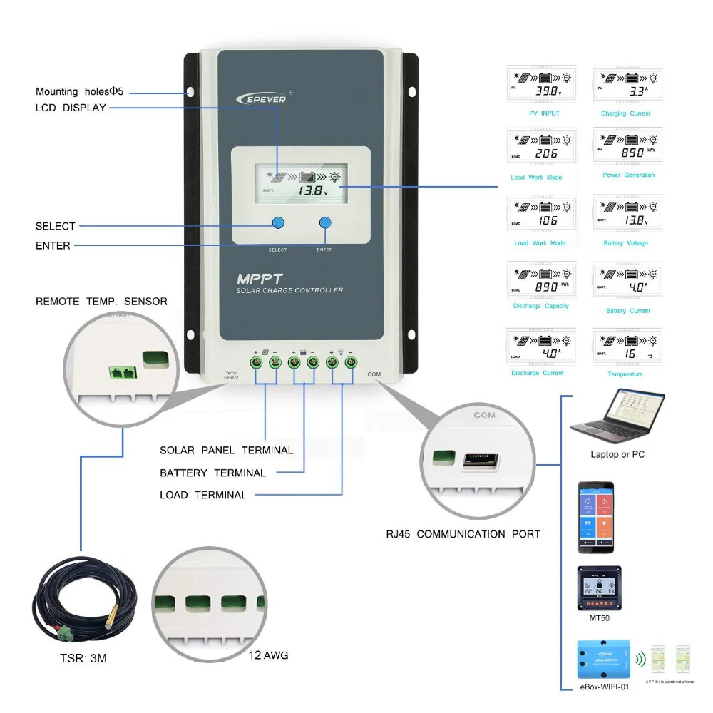 EPEVER MPPT Solar Charge Controller 40A 12V/24V Power Regulator Max PV 100V