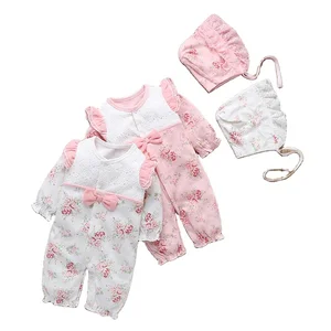 2021 Autumn Infant Baby Girls Clothes Floral Print Rompers Long Sleeve Ruffles Lace Romper Jumpsuit Hat Outfits Newborn Clothing