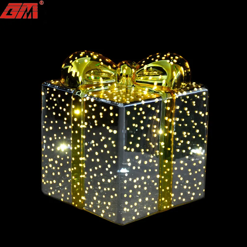 Popular led lighted glass gift box of christmas ornaments shaped ornaments christmas present decorations