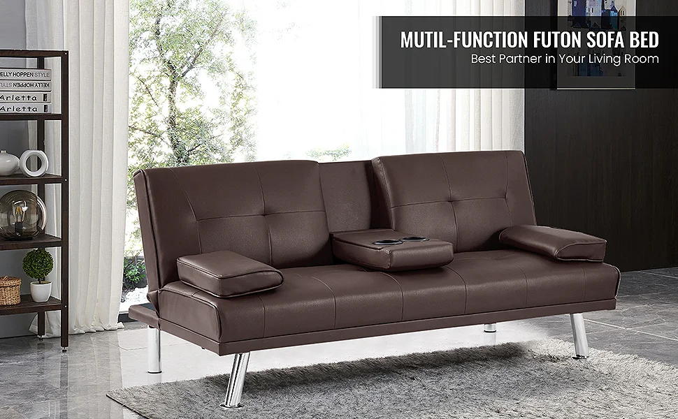 Modern Faux Leather Futon Sofa Bed With Removable Armrest,Metal Legs ...