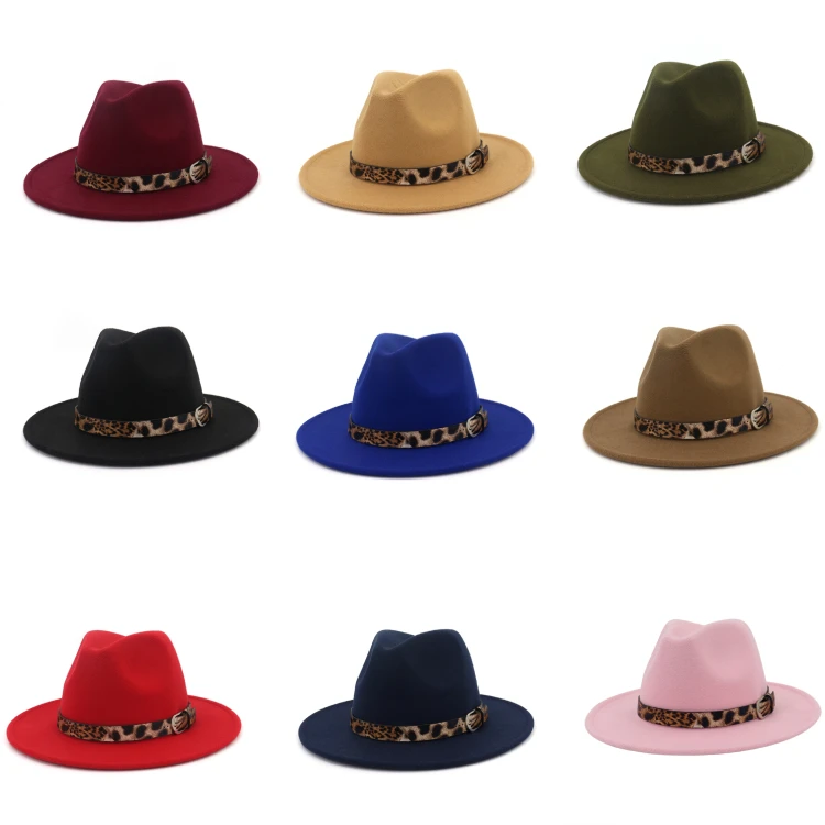 Women's Leopard Felt Panama Hats Classic Wide Brim Fedora With Belt