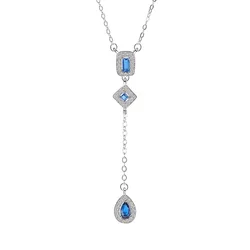 925 Sterling Silver Elegant Long Y style Blue Teardrop Gemstone Tassel Necklace For Party Women