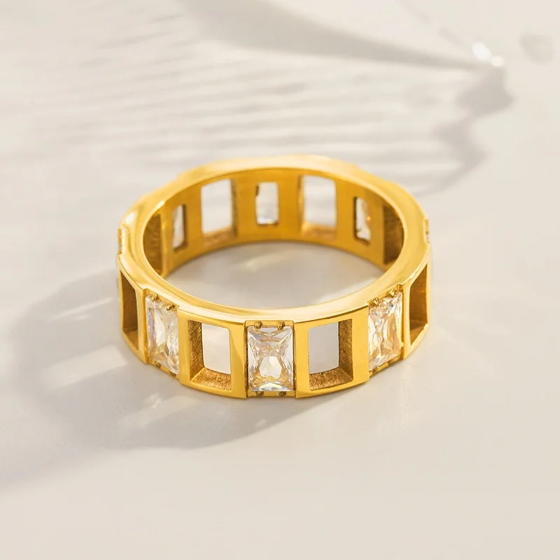 COOL Minimalist Gold Plated Finger Rings Women Stainless Steel Hollow Cubic Zircon Rings for Women