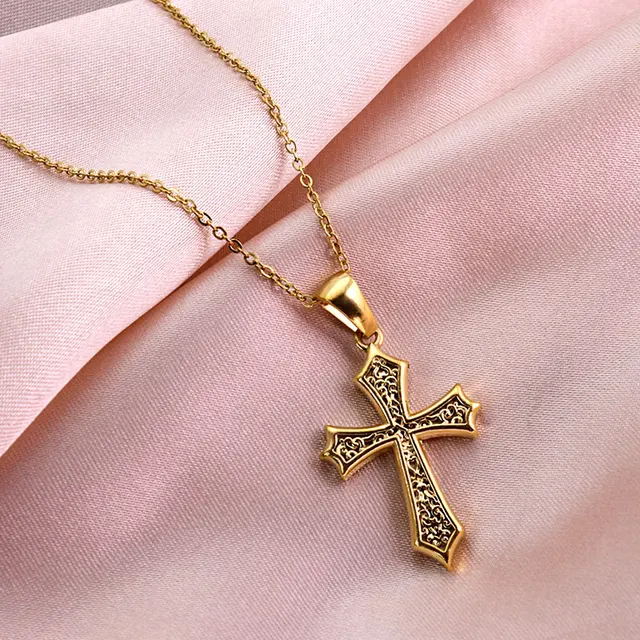 customization cross necklace 18k gold Men's Gift Punk Style Stainless Steel Catholic Cross Necklace