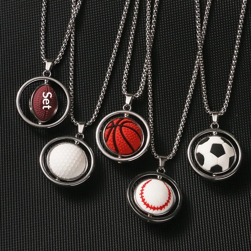 Factory Direct Unisex Sports Style Rotating Basketball Football Stainless Steel Electroplated Necklace Commemorative