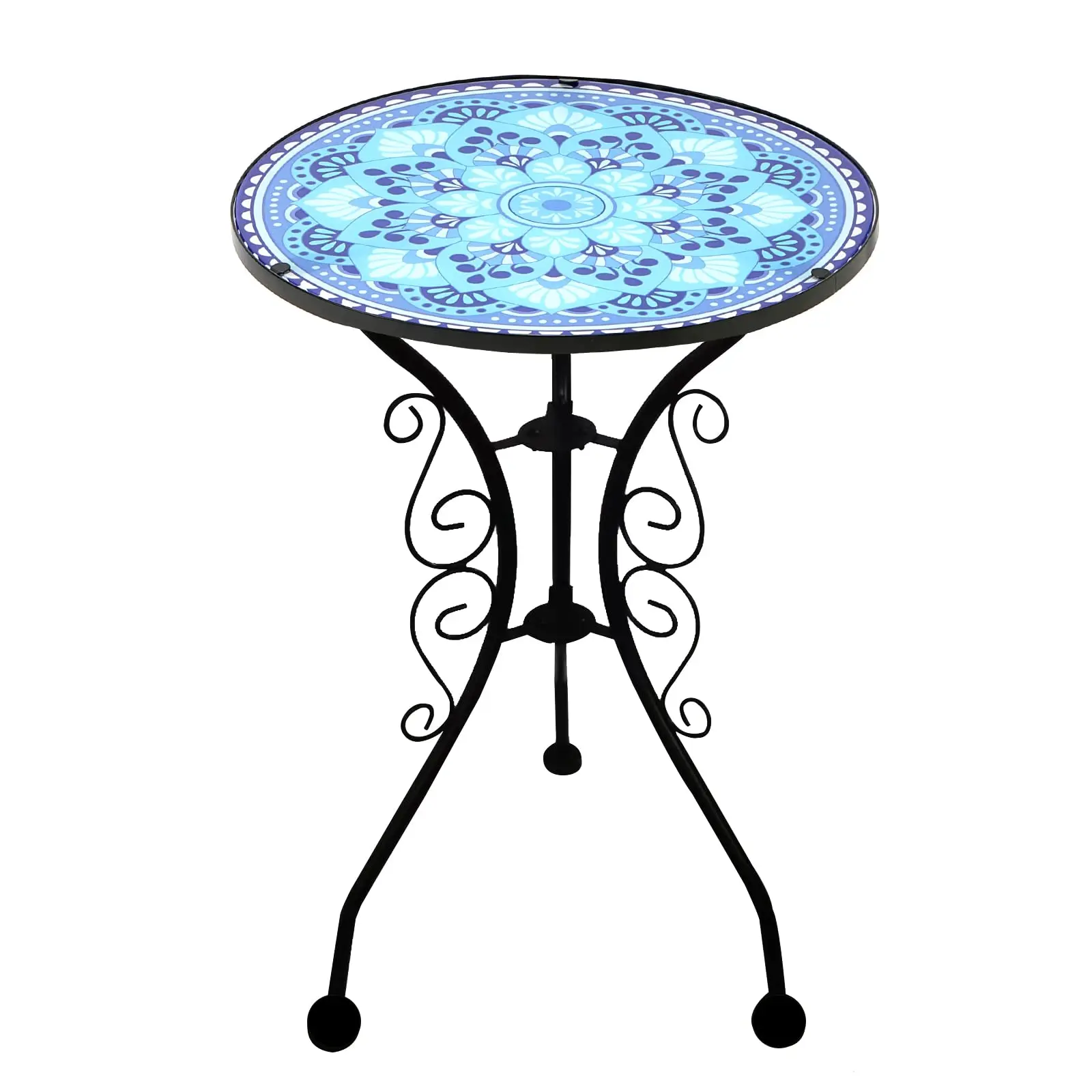 Small Patio Side Table for Outdoor Indoor 21" H Metal Side Table 14" D Round Glass Mosaic Coffee Table Blue