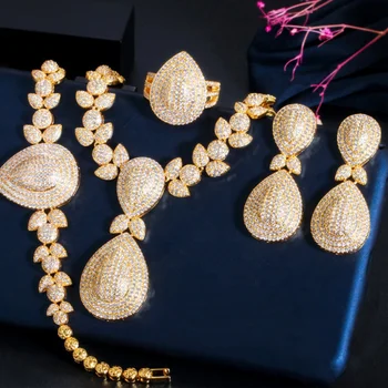 Full Diamond Dubai 18K Gold Plated Zircon Bridal Jewelry Sets Luxury Water Drop African Women Jewelry Sets