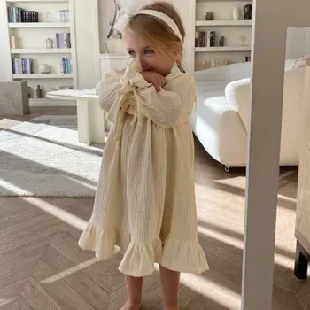 Spring and Autumn INS European American Casual Style Girls' A-Line Skirt Cotton Linen Lace Decoration British Style Dress