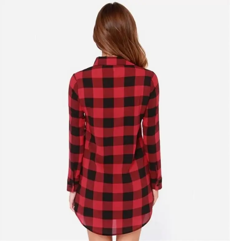 Оптовая продажа, новинка от производителя, женское платье-рубашка в клетку, с длинным рукавом, с отворотом, на пуговицах, длинные женские топы, блузка, рубашка