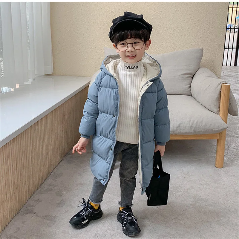 Детская стеганая парка с капюшоном, однотонная теплая Длинная зимняя куртка для мальчиков и девочек, 2022