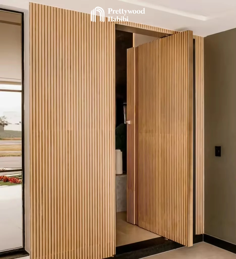 Prettywood Vertical Slats Wall Panel Cladding Design Solid Wooden Interior Frameless Invisible Concealed Hidden Door