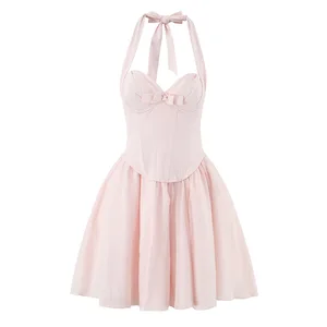 European American New Women's Cute Sweet Vintage Summer A-Line Sleeveless Knee-Length Fishbone Steel Hanging Neck Mesh Dress