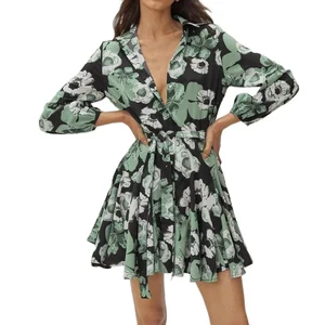 Women's V-neck Empire Waist Floral Long Sleeve Belted Chiffon Eco-Friendly Casual Shirt Dress Mini Dress