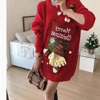 ODM Women's Loose Christmas Sweater Solid Color Lazy Sweet Top Warm Cartoon Niche Knitted for Winter Season