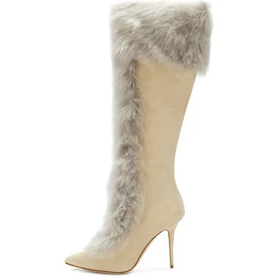Sweet Gorgeous Rabbit Fur Pointed High Heel Long Knee Length Boots For ...