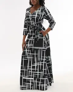 Casual Maxi Chiffon Dress for Plus-Size Women Floral Print Summer Beach Sundress with 3/4 Sleeves Natural Belt Featuring Pockets