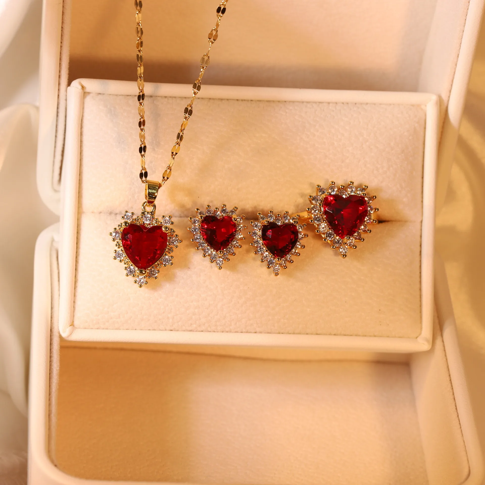 High Quality Dainty Heart Zircon Crystal Necklace Earring Ring