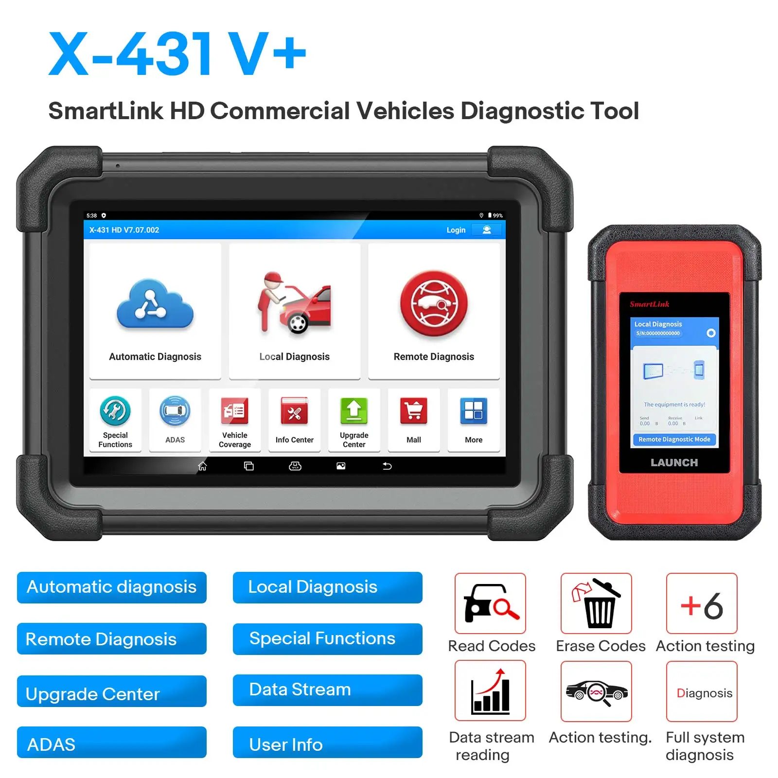 Newest 2024 Version Launch X431 V+ SmartLink HD Heavy Duty Truck Diagnostic Tool for 12V 24V Trucks Supports CANFD