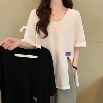 HYTS0116 100% cotton plus-size women's summer new style loose medium long v-neck slit short sleeve woman t-shirt