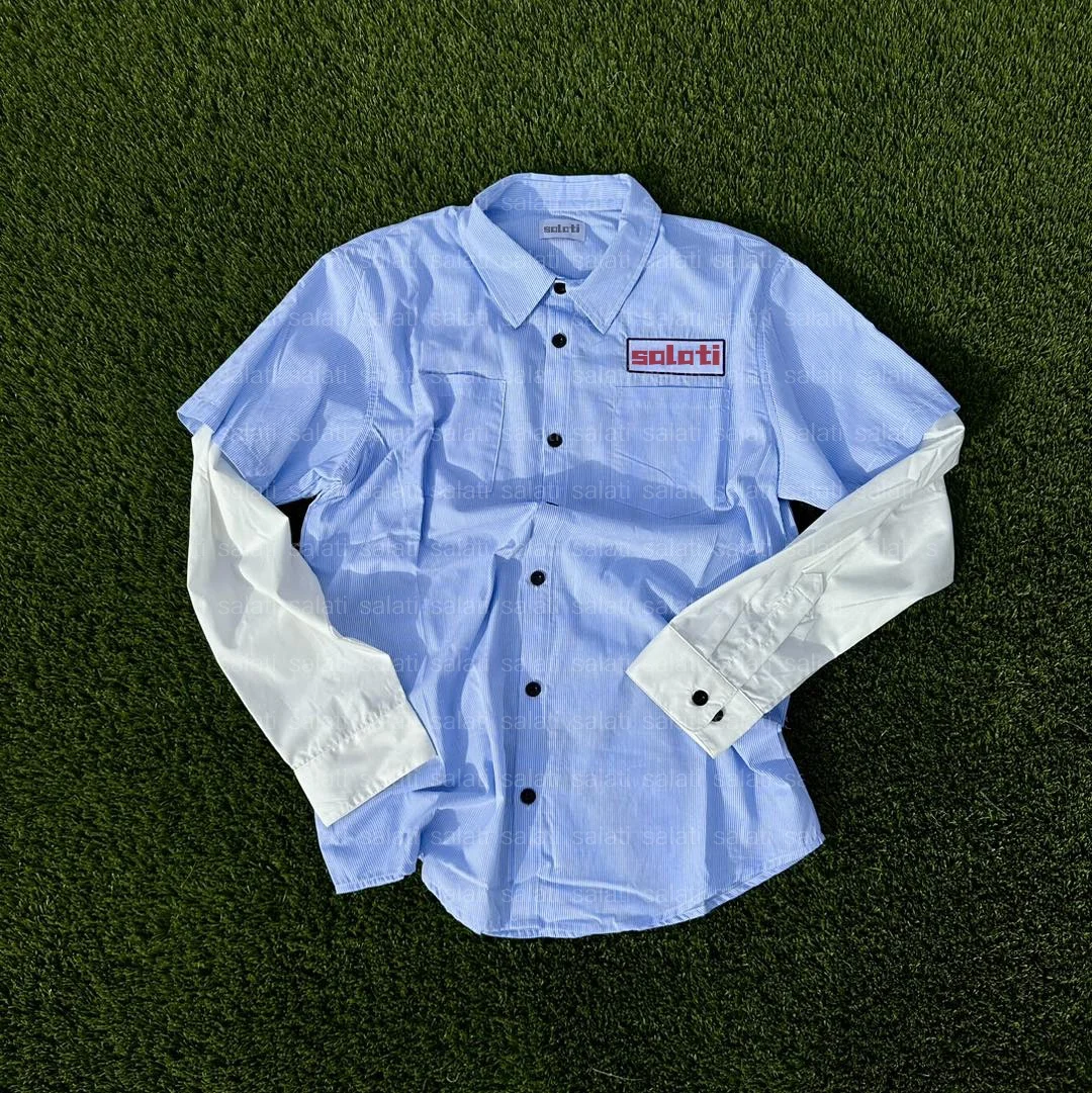 Custom Stripe Boxy Oversized Button Down up Embroidered Long Sleeve Thermal Tshirts Double Layer T-shirts Dress Work Shirts Men