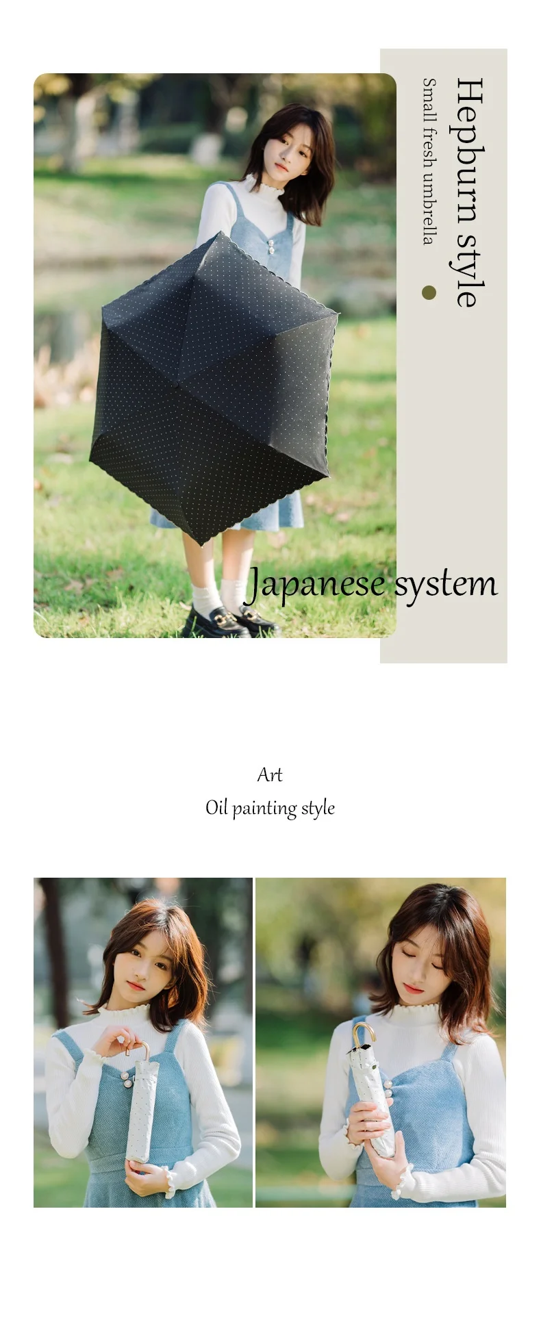 Parasol Polka dots uv umbrella Japanese mini fold sun rain umbrella with golden hook handle