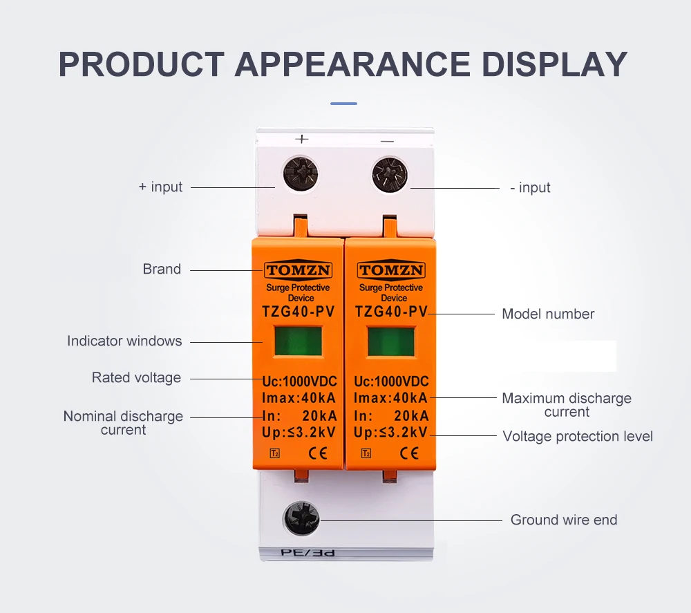 SPD DC 1000V 20KA~40KA House Surge Protector Protective Low-voltage Arrester Device