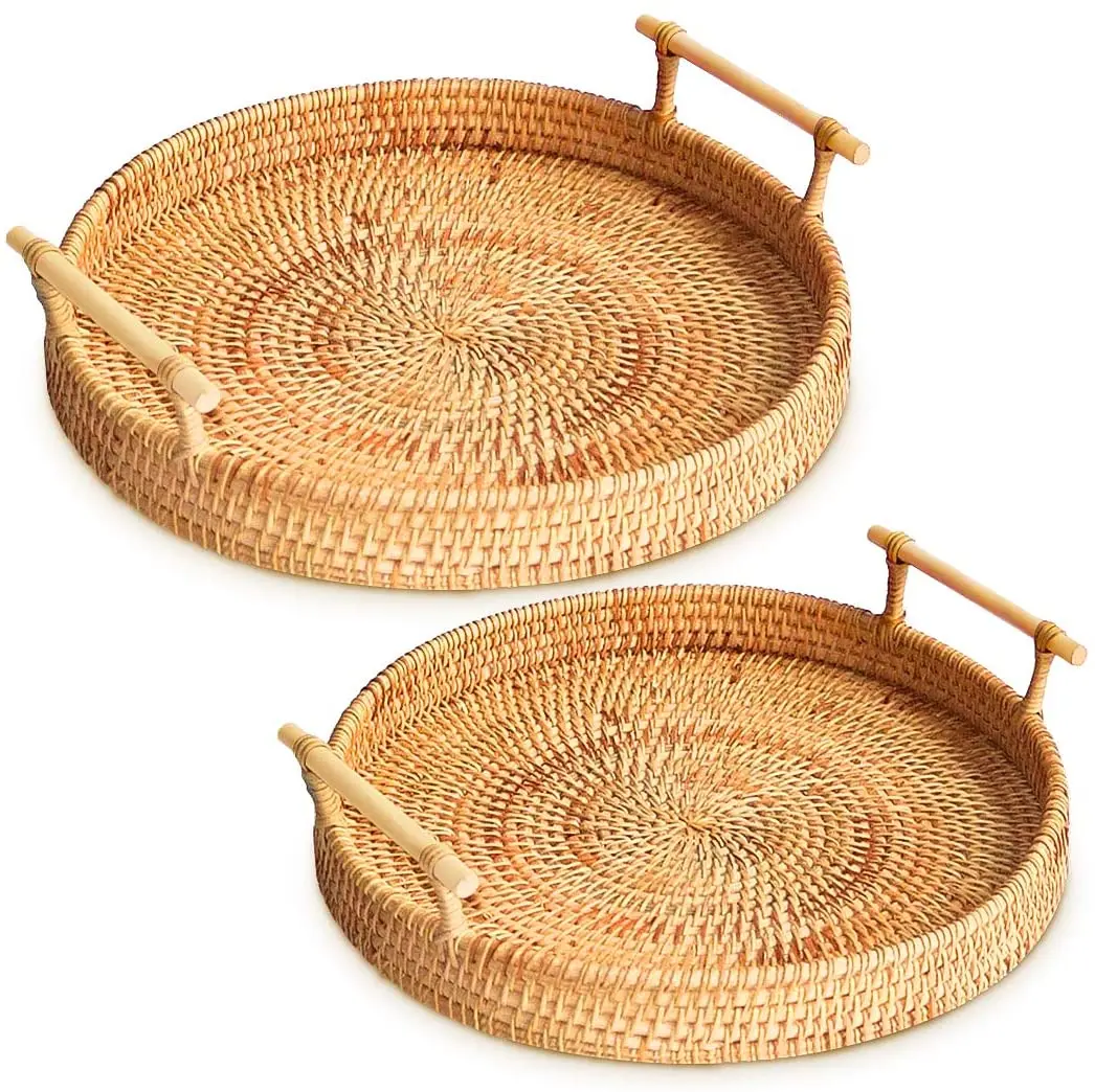 Round Rattan Storage Tray Breakfast Display for Bread and Fruit 24x7cm Hand-woven Wicker Basket with Handle 