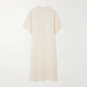 Clothing Manufacturer Custom Spring Summer White Crew Neck Short Sleeve Elegant Women Loose Striped Midi Dress