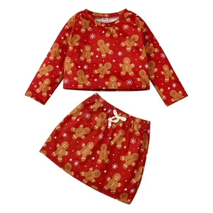 2021 Red Solid Long Sleeve Cartoon Print Blouse Sweet Bow Skirt Two Pieces Girls Christmas Clothing Set for Autumn