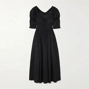 Clothing Manufacturer Custom Spring Summer Black square Neck Short Sleeve Elegant Casual Women Cotton Midi Dress