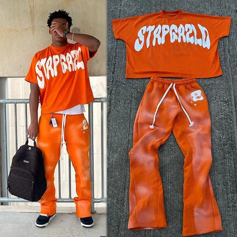 Custom High Quality Summer Two Piece Baggy Acid Wash Matching Tracksuits Shorts Sleeve T Shirts and Flared Pants Sets for Men