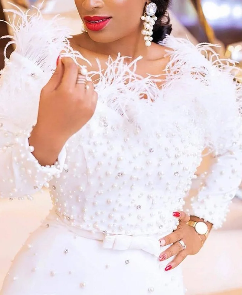 Latest Arrival Off Shoulder Feather Bandage Tight Nail Bead White Party Dress Long Sleeve Dresses Evening Dresses